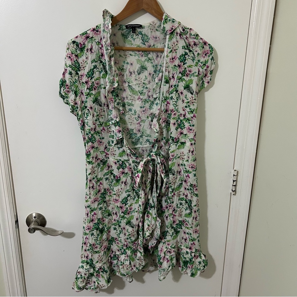 Juicy Couture Floral Ruffle Wrap Tie Dress - Green White and Pink Size 4